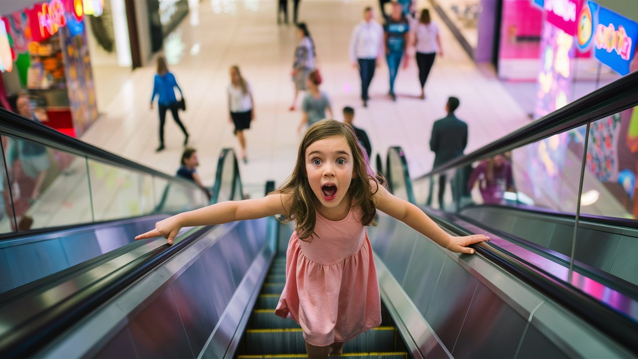 Menina descendo a escada, gritando e assinalando algo