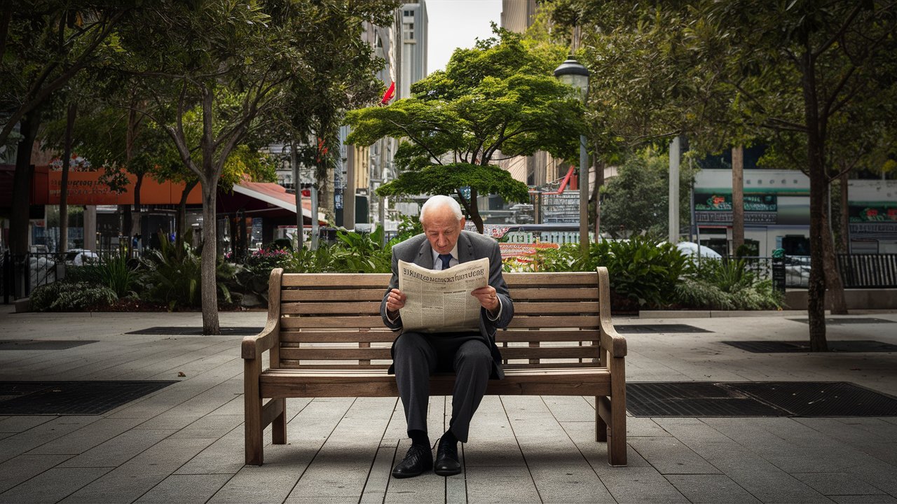 Um homen velho lendo o jornal na praça