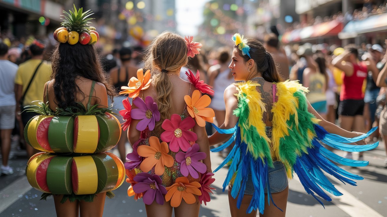 Três mulheres jovens vistas de costas, usando fantasias coloridas de carnaval — frutas tropicais, flores grandes e uma ave tropical — caminham por uma rua do Rio de Janeiro, com uma multidão desfocada ao fundo.