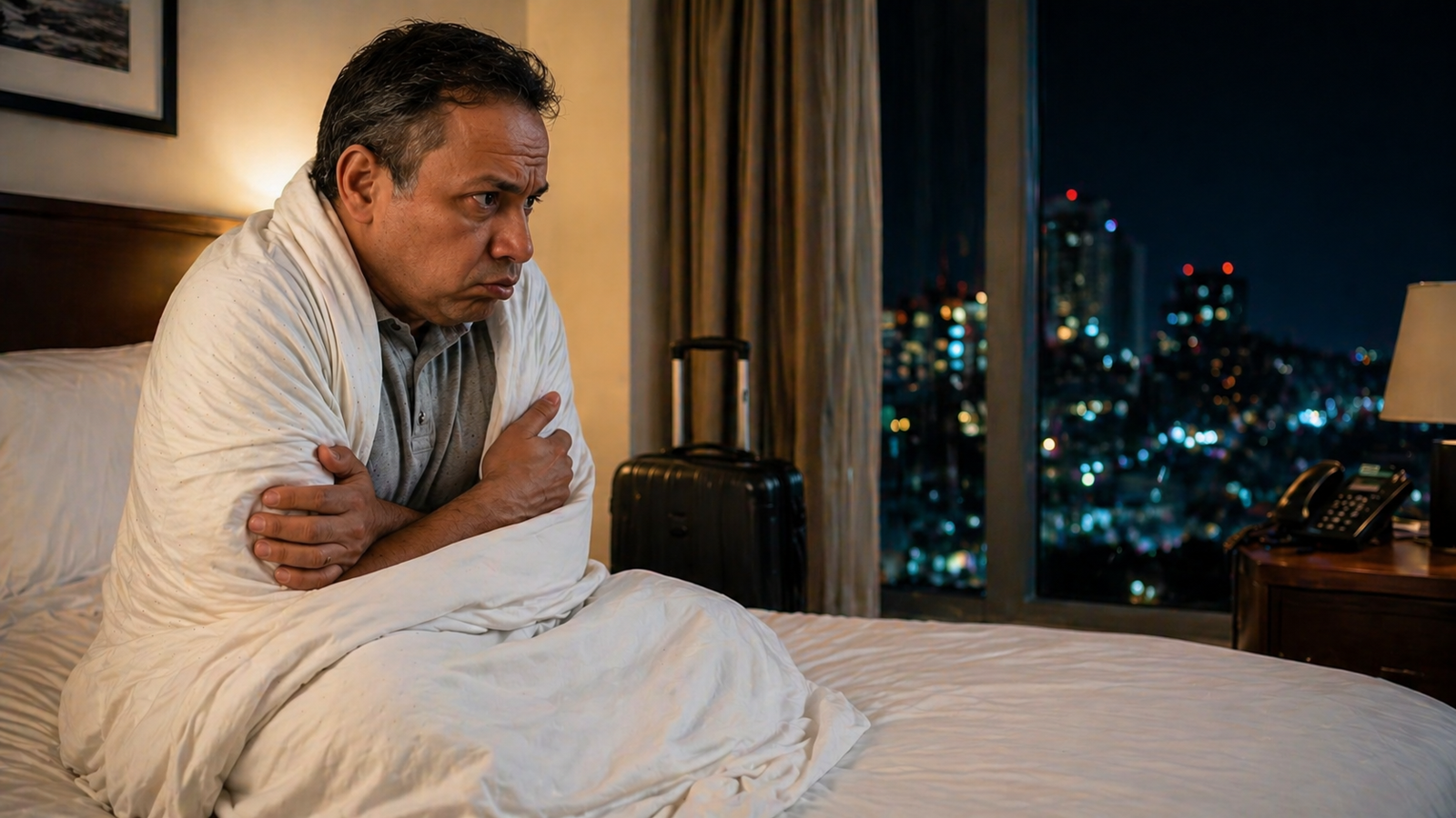 Homem sentado na cama de hotel à noite, enrolado em um lençol, com expressão de frio e preocupação, com vista da cidade ao fundo