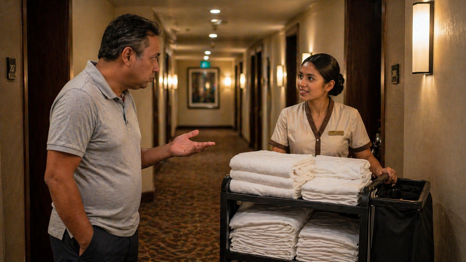 Homem conversando com funcionária de hotel no corredor, ao lado de um carrinho com toalhas e lençóis dobrados, em ambiente interno bem iluminado Homem conversando com funcionária de hotel no corredor, ao lado de um carrinho com toalhas e lençóis dobrados, em ambiente interno bem iluminado