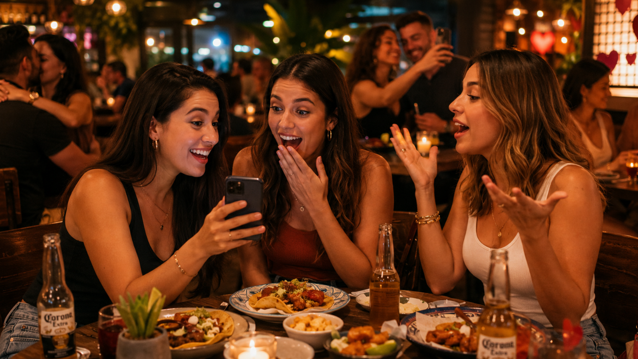 Três amigas rindo em um restaurante enquanto conversam sobre aplicativos de namoro, com casais românticos desfocados ao fundo.
