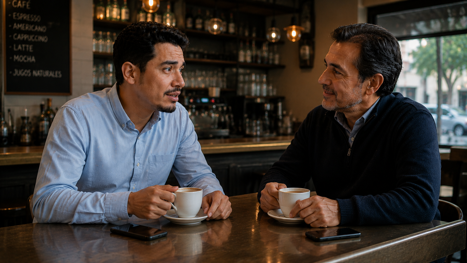 Dois homens conversam na bancada de um restaurante, tomando café e praticando espanhol em um ambiente acolhedor.