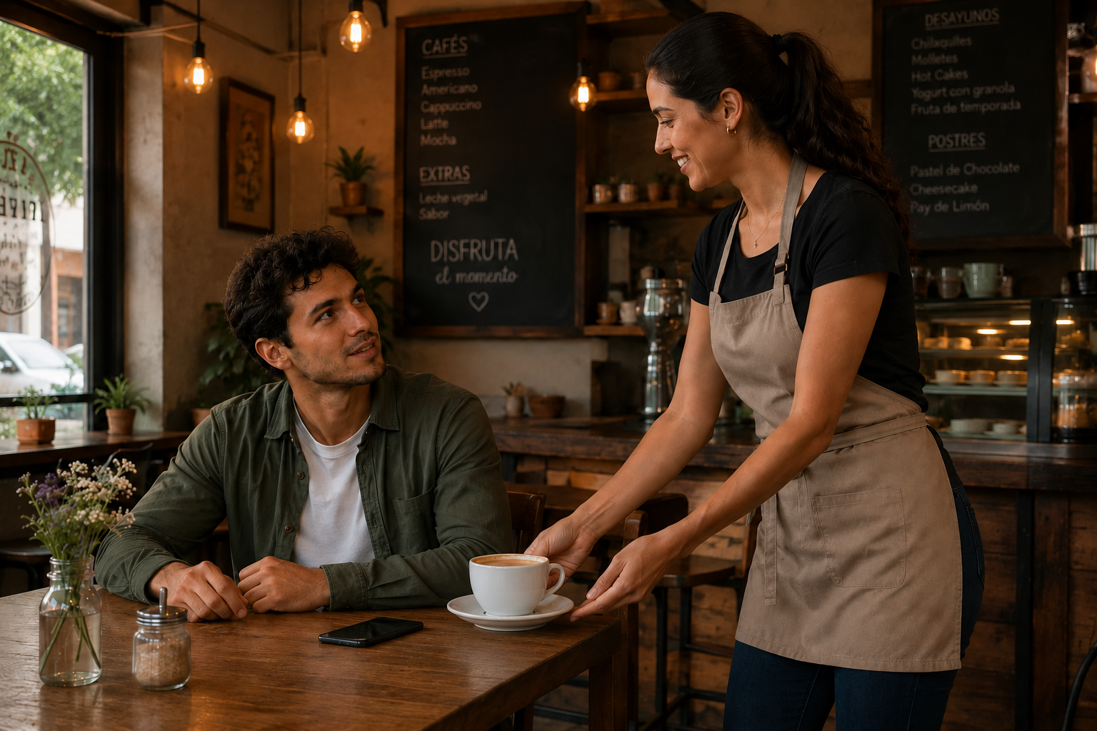 Um jovem está sentado em uma cafeteria aconchegante enquanto uma garçonete lhe serve uma xícara de café sobre a mesa