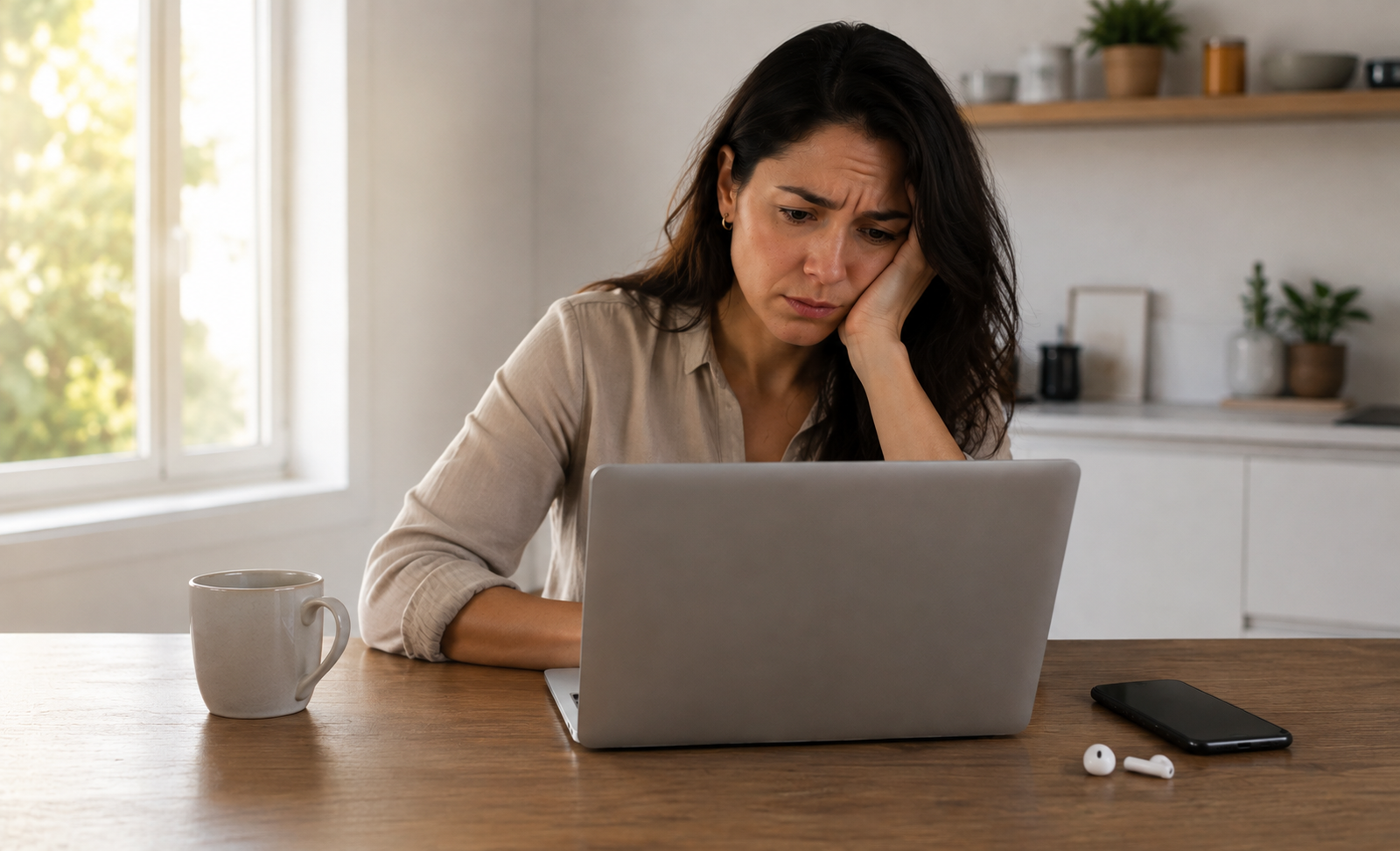 Mulher de cerca de 35 anos, com roupa casual de trabalho, sentada em frente ao computador durante uma aula de espanhol online. Ela segura uma xícara de café e demonstra expressão de frustração, como se sentisse que não está conseguindo avançar no aprendizado do idioma.