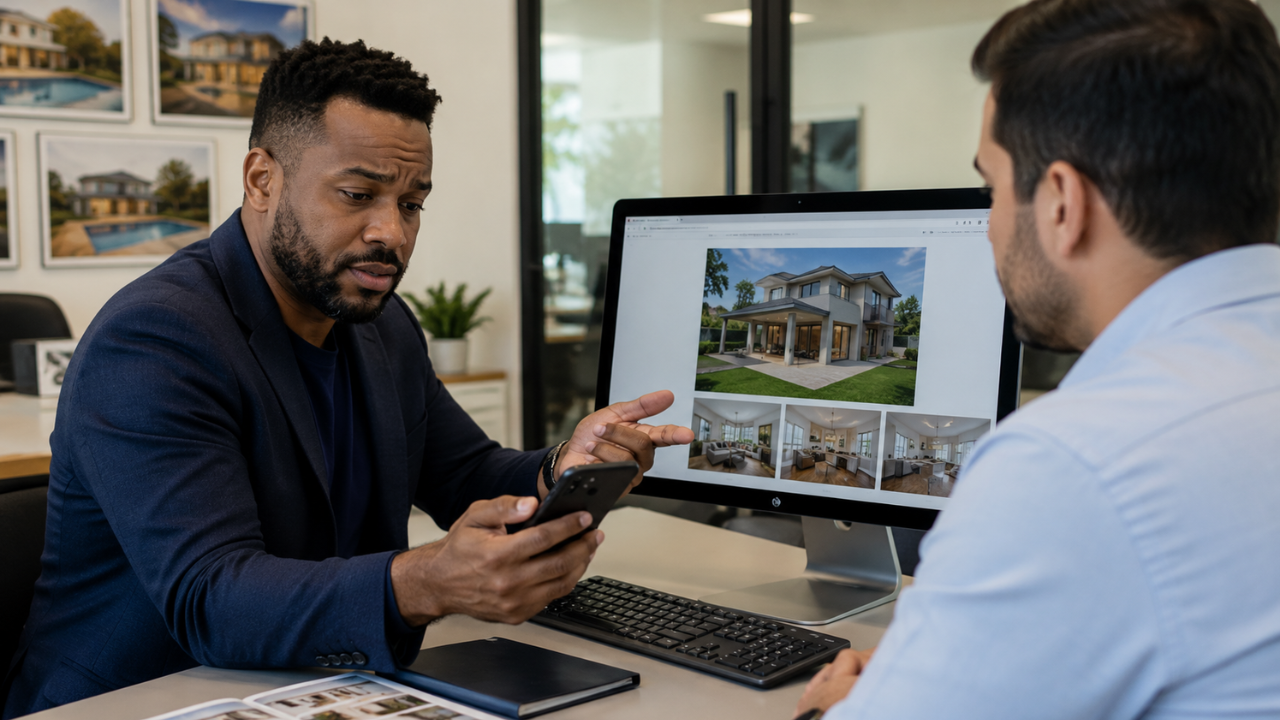 Agente imobiliário brasileiro negro mostrando fotos de uma casa a um cliente enquanto consulta o celular em um escritório imobiliário.