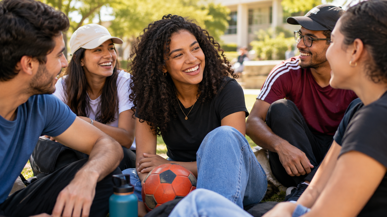 Uma moça de cabelo cacheado compartilha um momento alegre com seus amigos ao ar livre, sentados num parque junto a uma bola.
