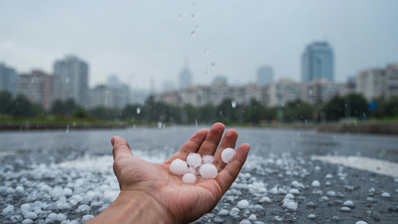 Mão humana segurando pedras de granizo, com o chão coberto de granizo durante uma forte tempestade.