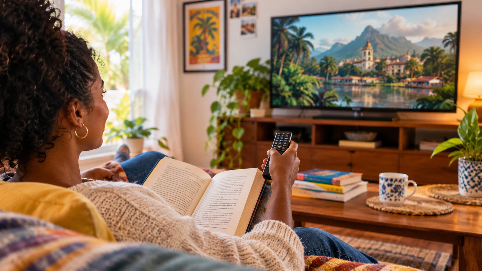 Moça na sala da casa assistindo TV e com um livro nas mãos Moça na sala da casa assistindo TV e com um livro nas mãos